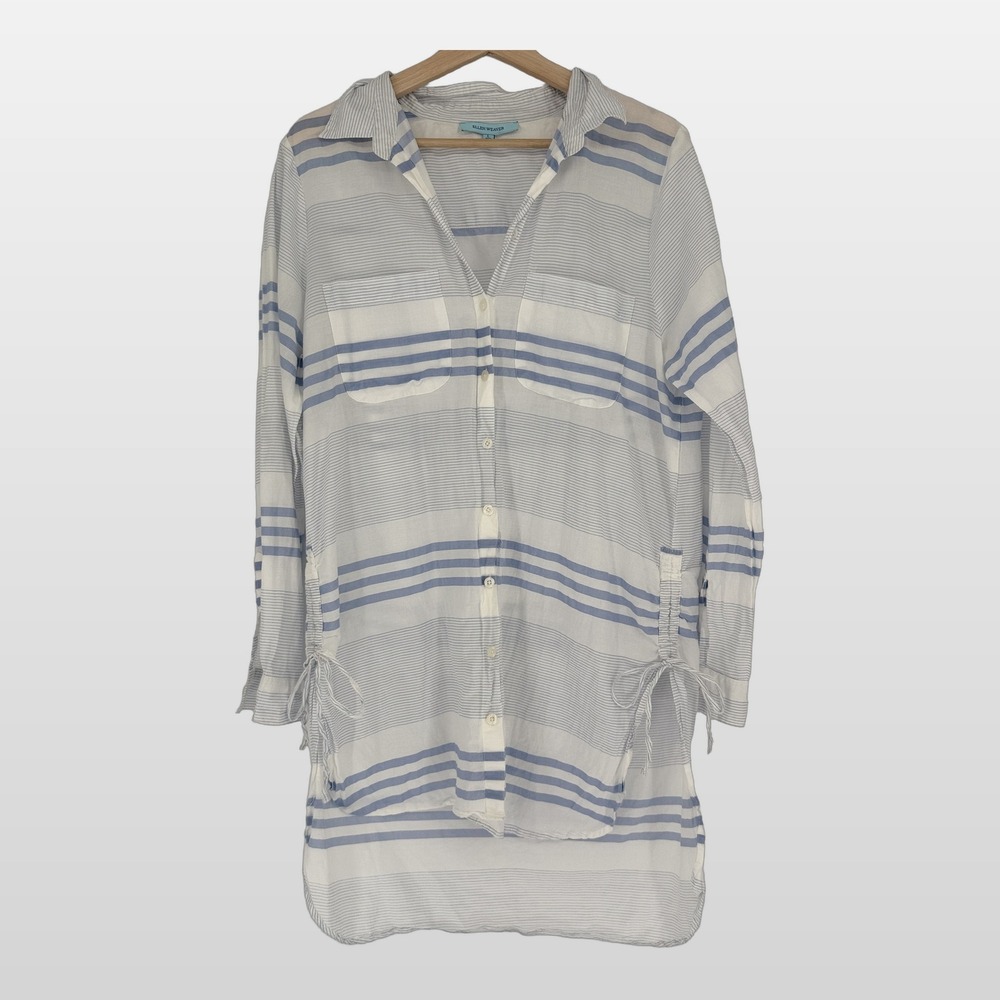 Ellen Weaver Button Up Tunic L Cotton Striped Coastal Lightweight Beachy Resort